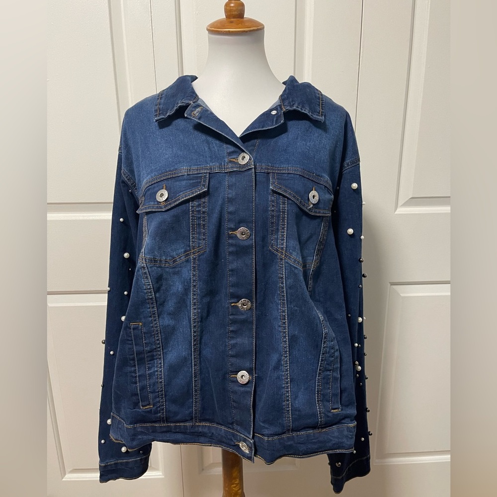 Ashley Stewart Denim Pearl Sleeve Button up Jacket